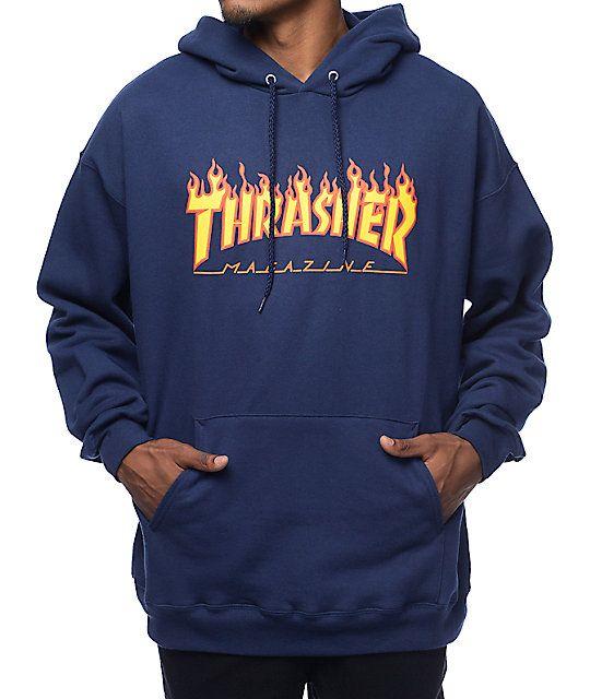 Whit and Blue Thrasher Logo - Thrasher Flame Logo Navy Pullover Hoodie | Zumiez