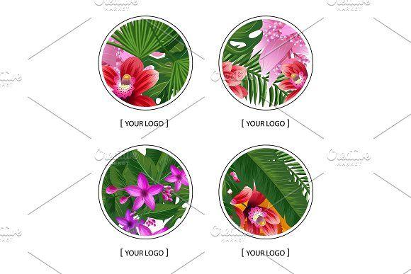Tropical Flower Logo - Vector tropical palm leaves and exotic flower elements round logo
