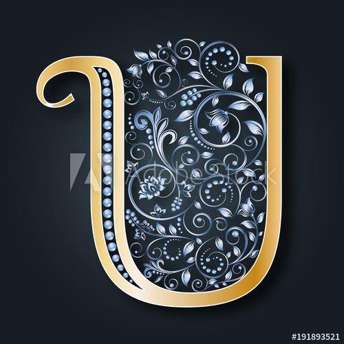 Blue Flower U Logo - Letter logo U. Vector. ABC. Golden alphabet on a dark background ...
