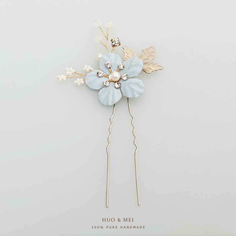 Blue Flower U Logo - 2019 Bride Headwear Blue Flower Hair Comb Pearl U Type Hair Pin ...