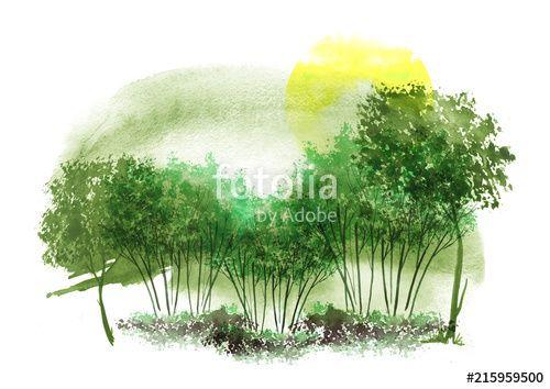 Green and Yellow Sun Logo - Watercolor landscape. green trees, bushes, field, wild grass. the ...