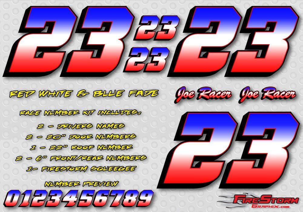 Red and White Racing Logo - Red White Blue Fade Full Color Race Car Numbers Decals Kit Racing