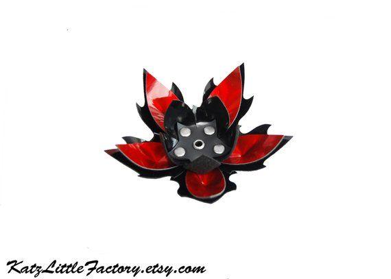 Red Spiky Logo - Large Cyber Flower in Shiny Iridescent Red Mirror and Black