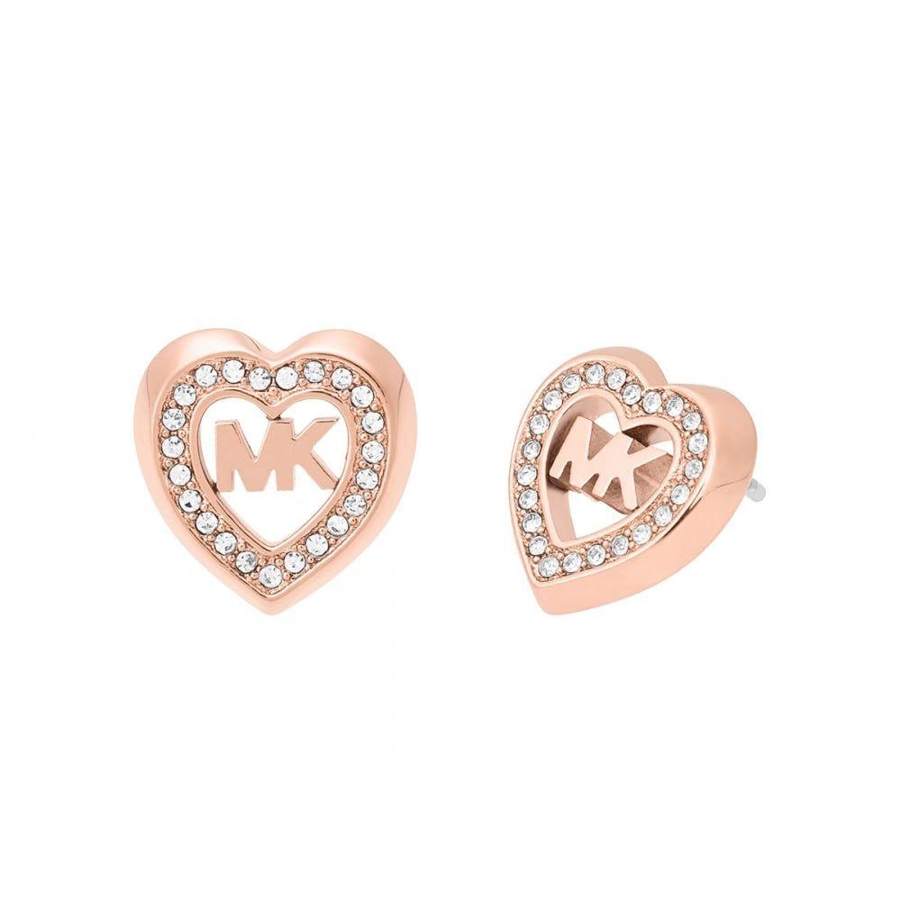 Gold Heart Logo - Michael Kors Ladies Rose Gold Heart Logo Stone Set Earrings