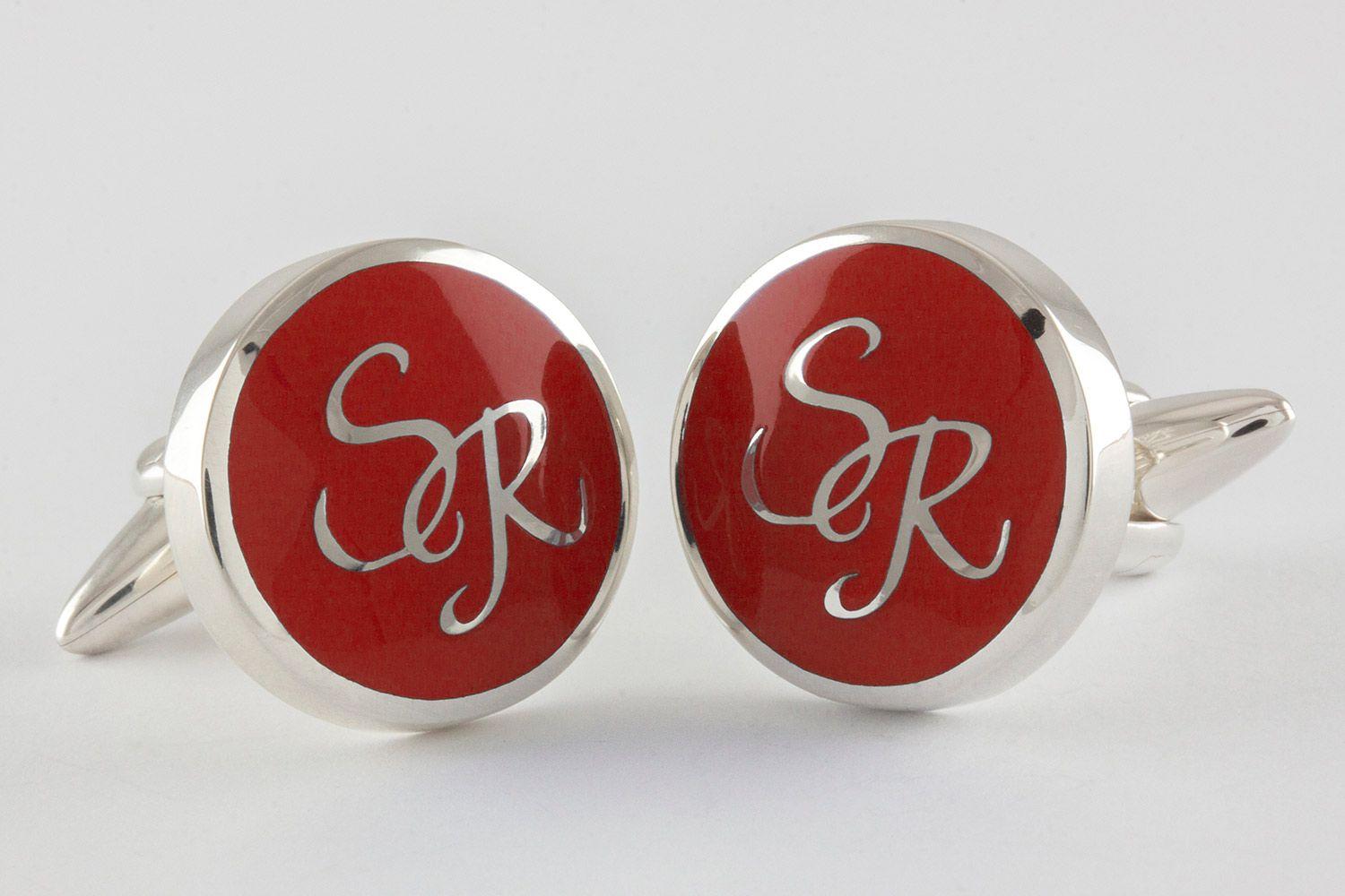 Round Silver and Red Logo - Round Monogram Cufflinks in Sterling Silver and red enamel ...