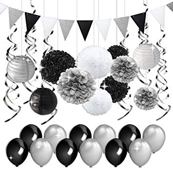 Black and White Retirement Logo - LUCK COLLECTION Black and Silver Party Decorations Tissue Paper Pom