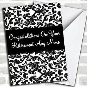 Black and White Retirement Logo - Black & White Damask Personalised Retirement Card