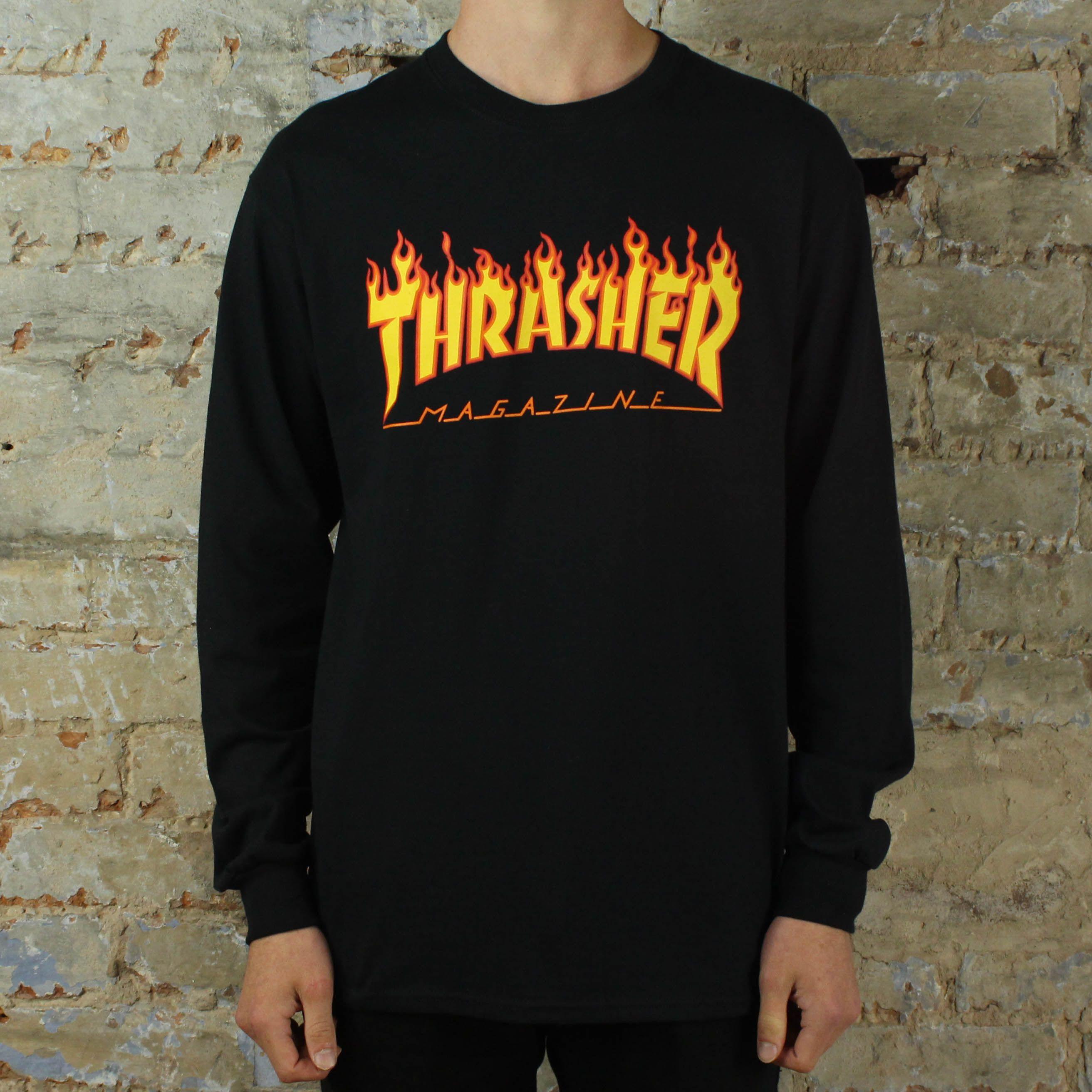 Flame Orange with Black Logo - Thrasher Flame Logo L/S T-shirt - Black - Remix Casuals