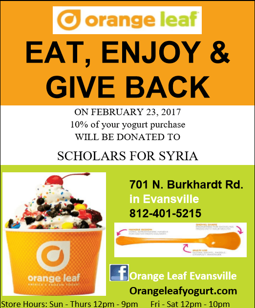Orange Leaf Evansville Logo - Orange Leaf Giveback Benefiting Scholars for Syria - Calendar of ...