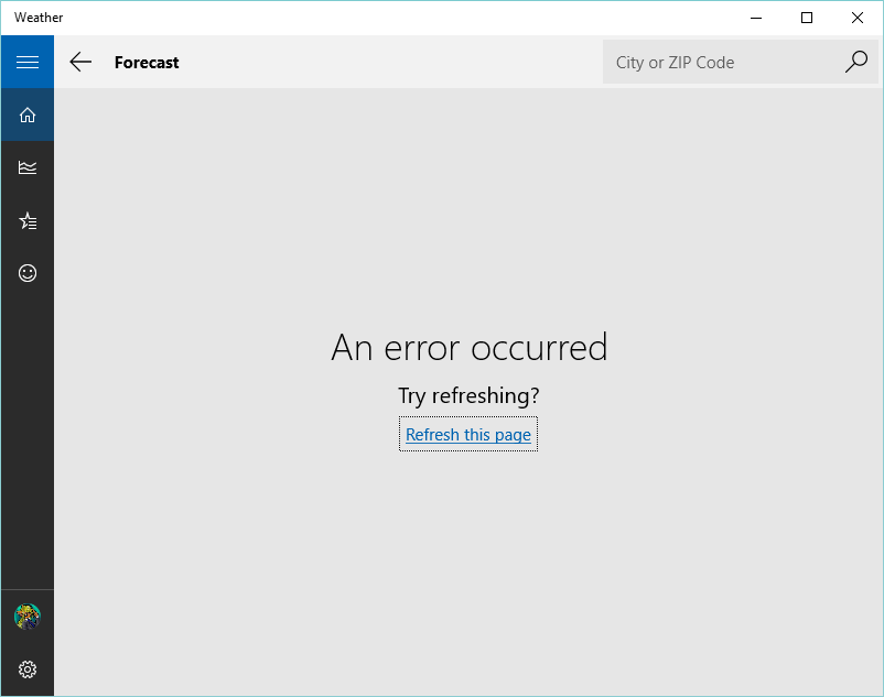 MSN Weather Logo - Weather app shows An error occurred in Microsoft Standard