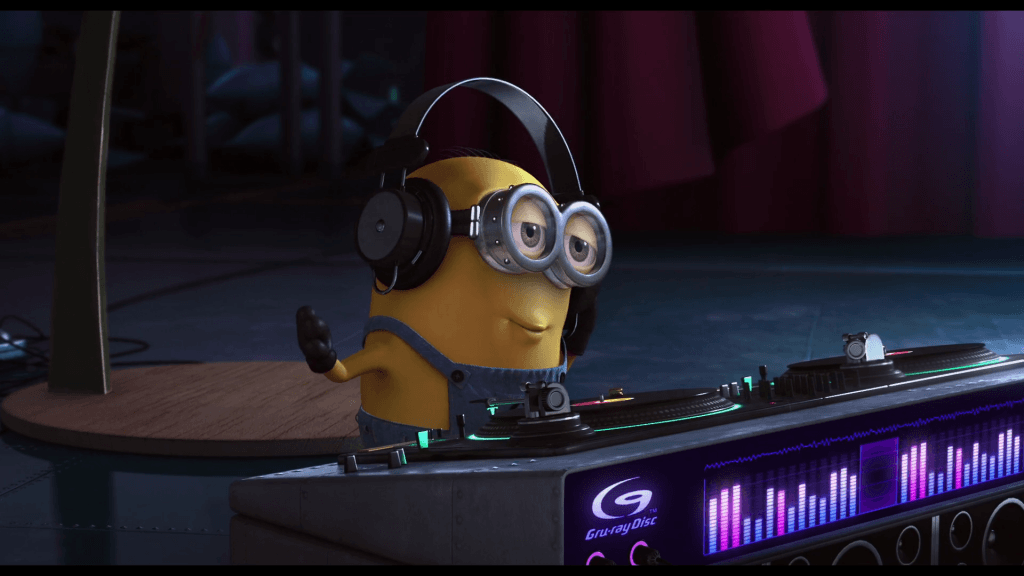 Despicable Me 1 Logo - In Despicable Me 1, the DJ booth is labeled 