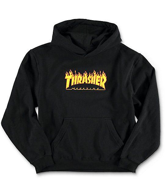 Thrasher Fire Hoodie Logo - Thrasher Boys Flame Logo Black Hoodie