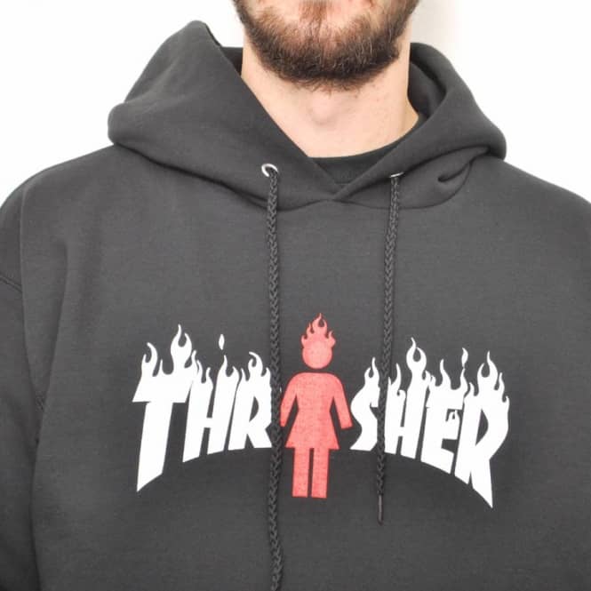 Thrasher Girl Logo - Thrasher x Girl Skateboards Flame Girl On Fire Pullover Hoodie ...