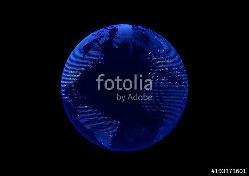 Blue White World Globe Logo - Blue point world globe map with white dot cities on dark background ...
