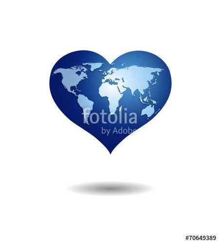 Blue White World Globe Logo - White World Map On Blue Heart Globe. Stock Image And Royalty Free