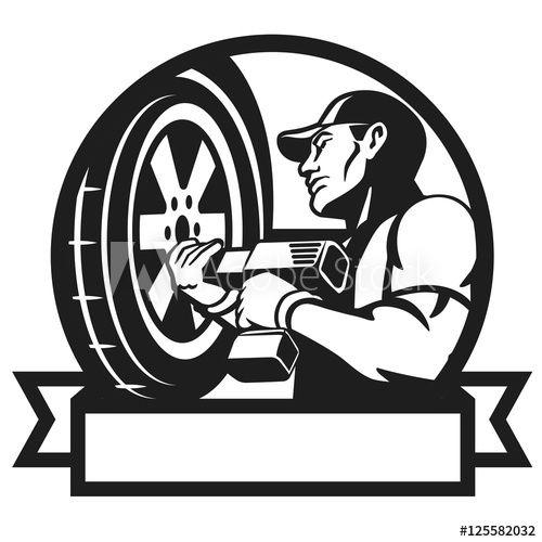 Wrench Auto Shop Logo - Logo for car service. Auto mechanic changing tyre on car. Auto ...