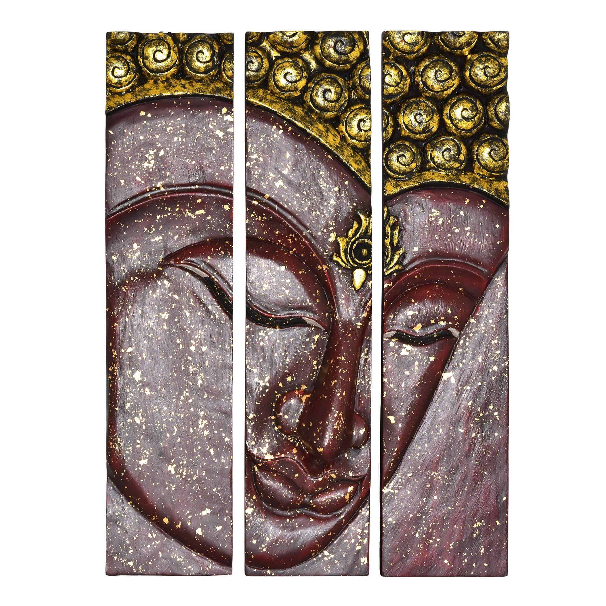 Red Face Statue Logo - Golden Red Buddha Face Three Panel Hand carved Wood Wall Art 20x30