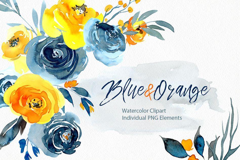 Blue and Yellow Flower Logo - Watercolor blue orange yellow flowers png