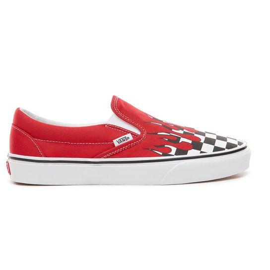 Red Checkered Vans Logo - Checker Flame Classic Slip On Shoes