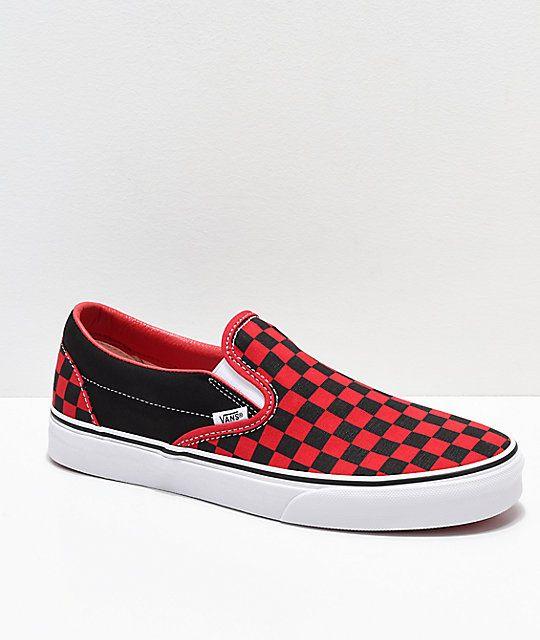 Red Checkered Vans Logo - Vans Slip-On Black & Formula Red Checkerboard Skate Shoes | Zumiez