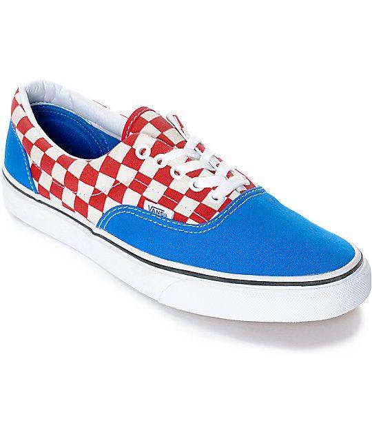 Red Checkered Vans Logo - Vans Era 2 Tone Checkered Blue & White Skate Shoes