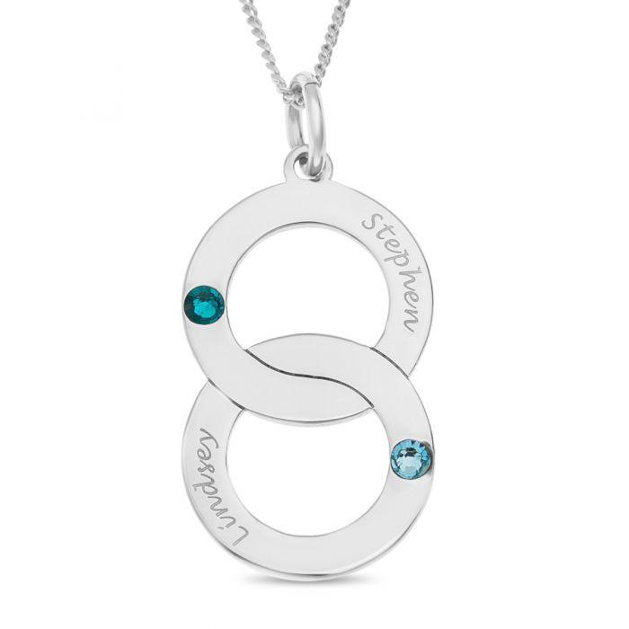 Two Linked Black Circle Logo - Sterling Silver Surface Engraved Two Crystal Birthstones Set Linked