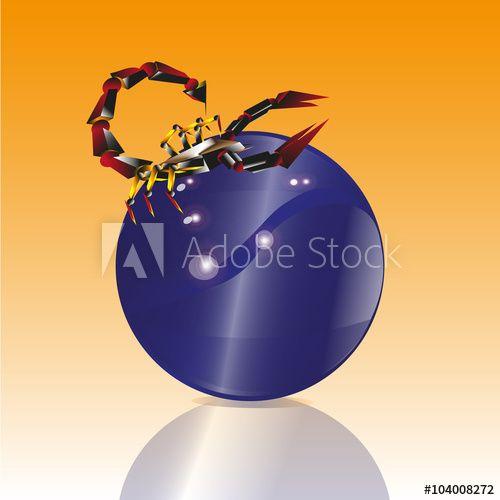 Red-Orange Blue Sphere Logo - Illustration of a red scorpion on a blue balloon The image on the ...