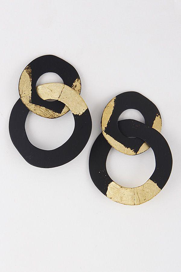 Two Linked Black Circle Logo - RIE0369 GOLD BLACK Two Linked Daily Earrings