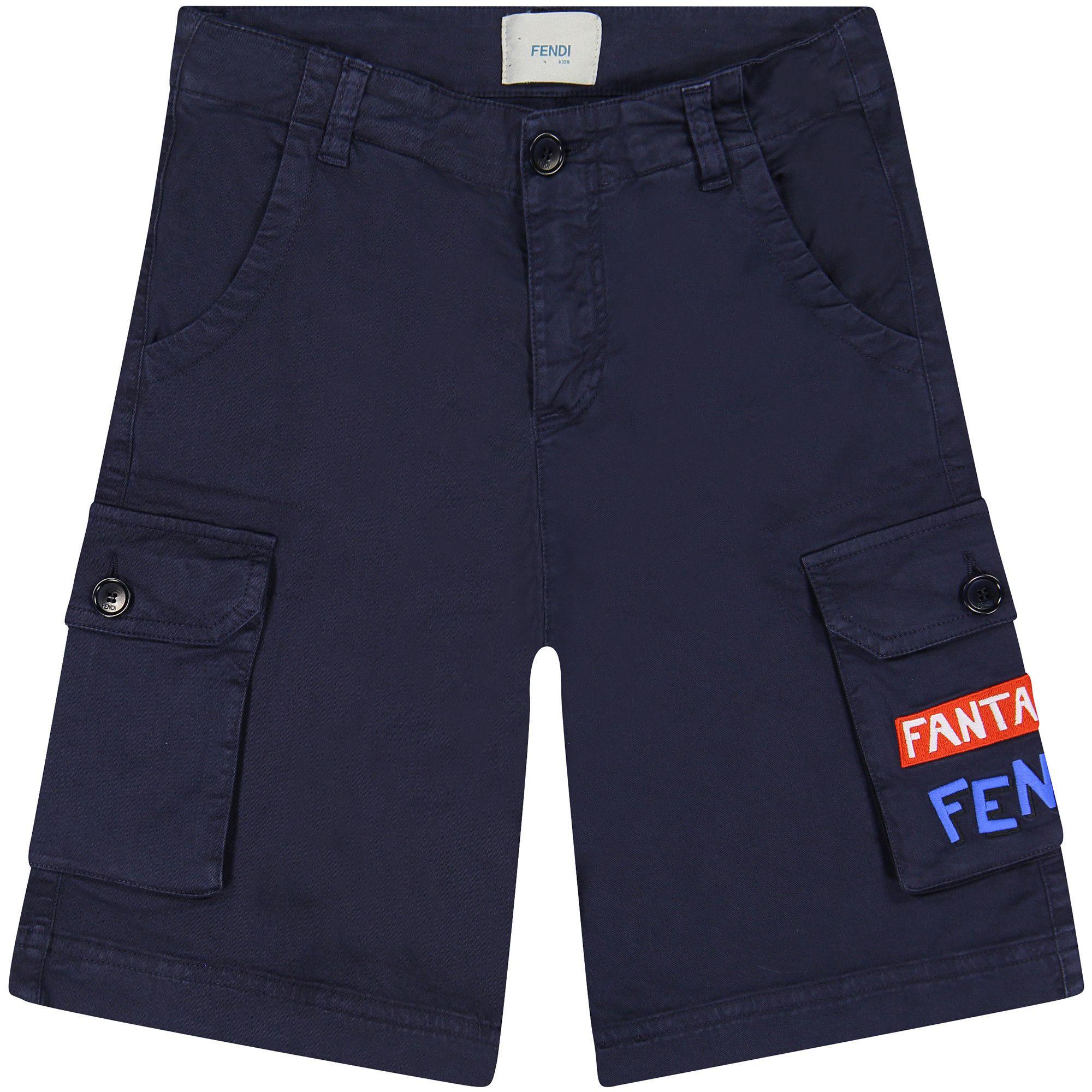 Blue Fendi Logo - Fendi Boys Cargo Shorts in Dark Blue with 'Fantastic Fendi' Logo