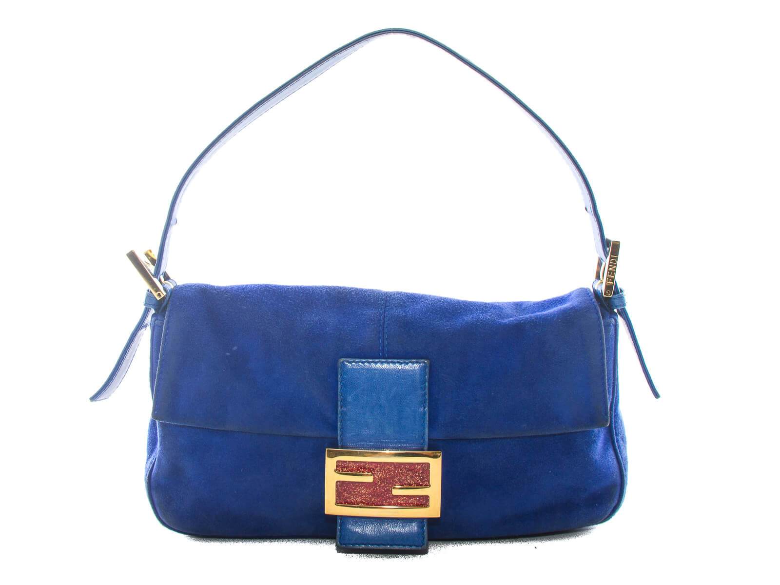 Blue Fendi Logo - Authentic Fendi logos blue suede leather baguette shoulder bag purse