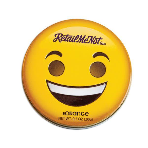 Candy Emoji Logo - Smiley Face Emoji Logo Candy Tin. Orange Customized Candy Tins