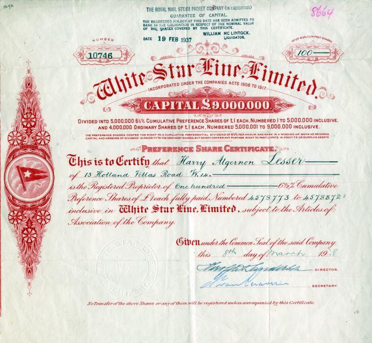 White Star Company Logo - White Star Line, Limited ( Owned the Titanic) - 1927