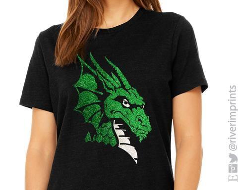 River Dragon Logo - DRAGON Logo Glittery Womens Dragon School Mascot Cotton Tee Shirt