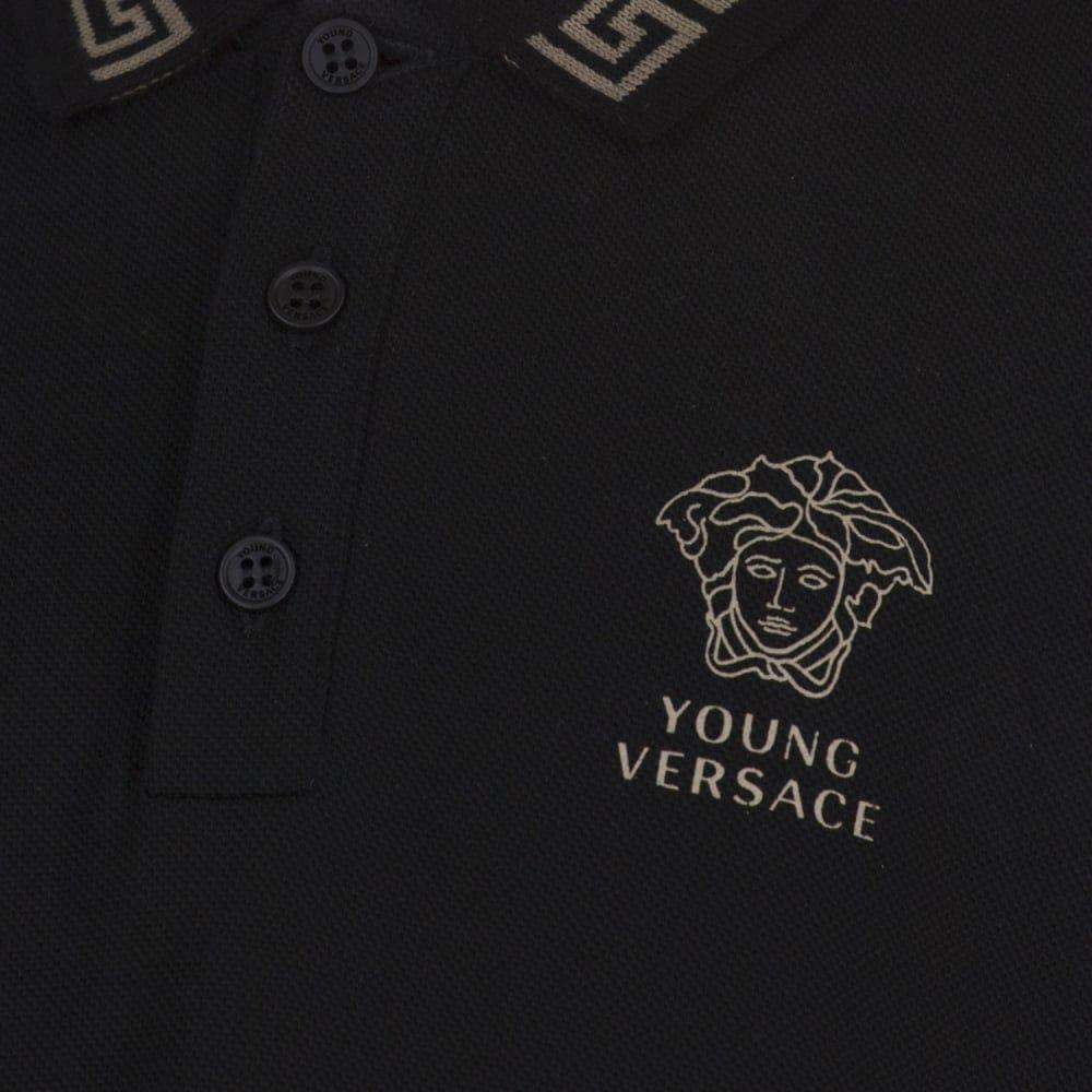 Gold Polo Logo - Young Versace Boys Black Polo Shirt with Gold Fret and Logo Print