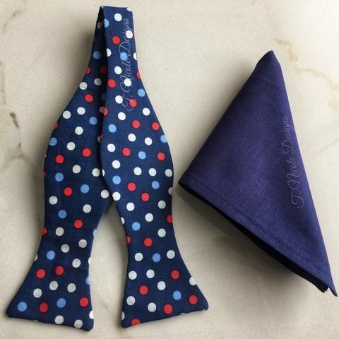 Red Bow Tie with White Triangles Logo - Navy, Red & White Polka Dot Handmade Self Tie Bow Tie and Pocket ...