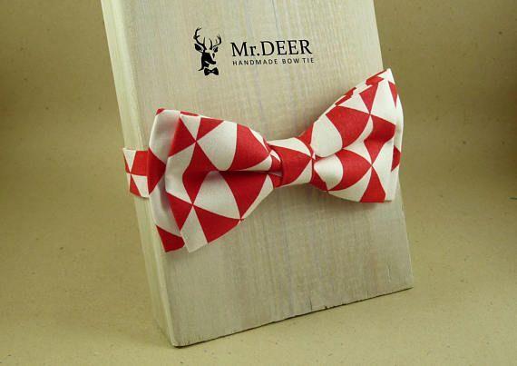 Red Bow Tie with White Triangles Logo - MD128 Red White Triangle Pattern Bow Tie Grooms. Mr.DEER handmade