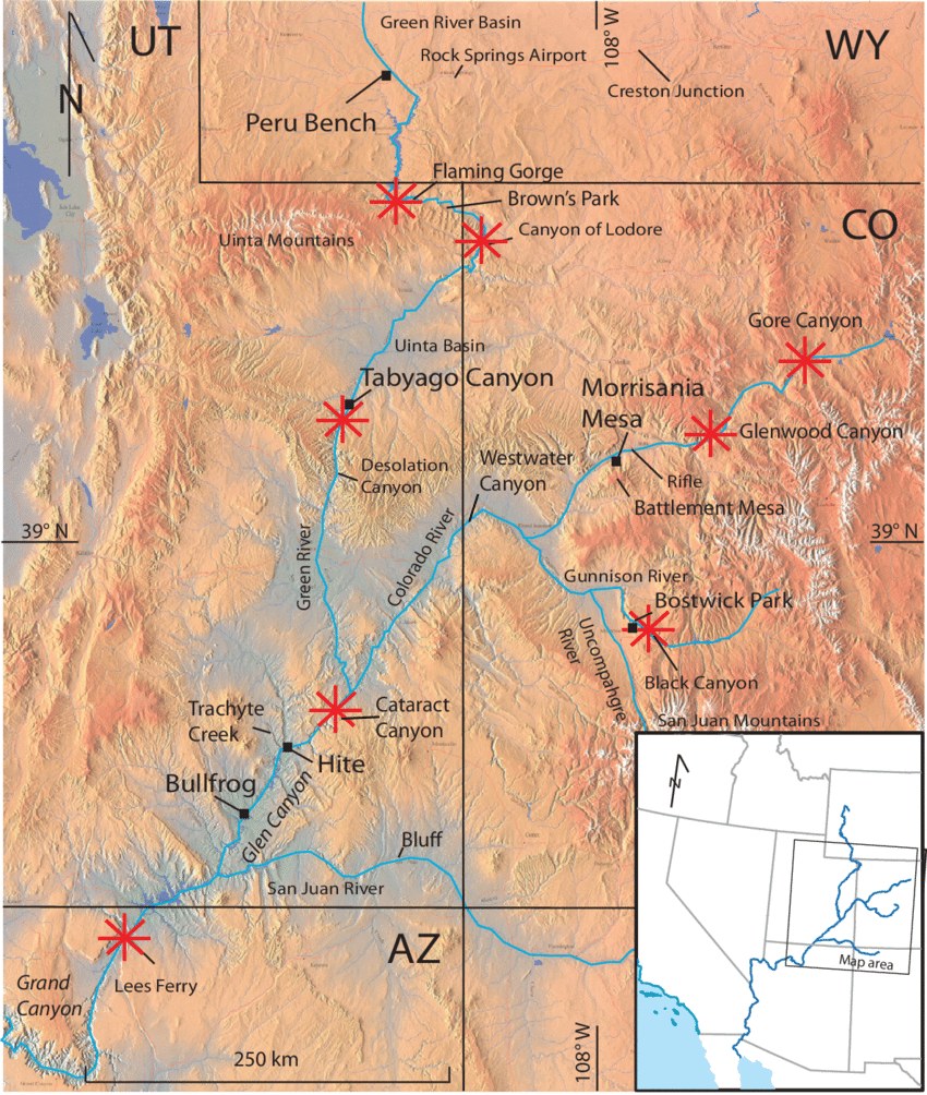 Colorado Orange and Black Stars Logo - Map of rivers and locations throughout the Colorado Plateau ...
