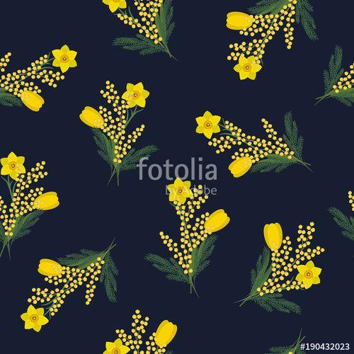 Blue and Yellow with Green Leaves That Are 3 Logo - Seamless pattern with yellow flowers and green leaves on a dark blue ...