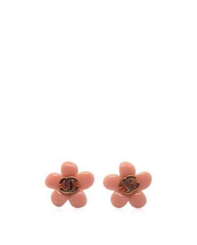Pink Chanel Flower Logo - Authentic CHANEL 05 P Pink Resin Camellia Flower CC Logo Earring