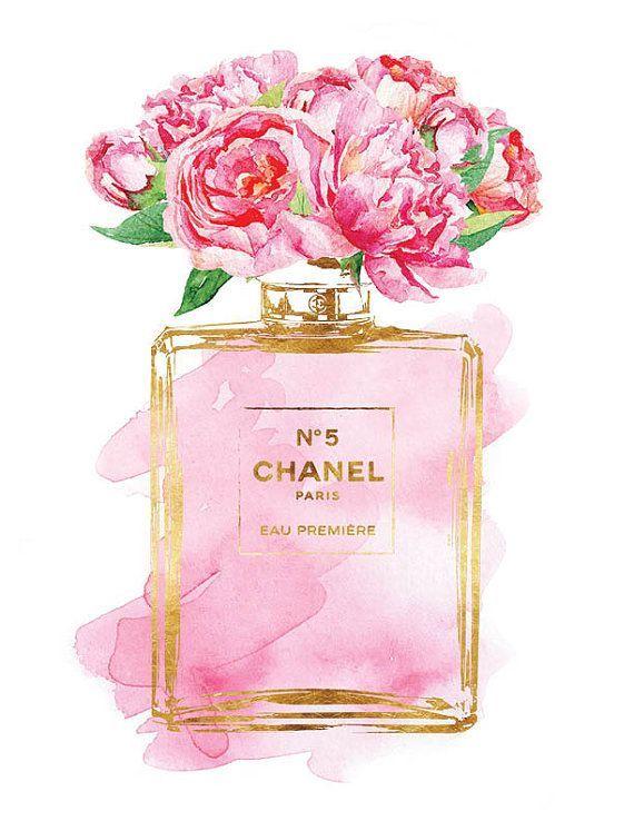 Pink Chanel Flower Logo - Chanel No5 art 8.5x11 Pink Peony watercolor Gold