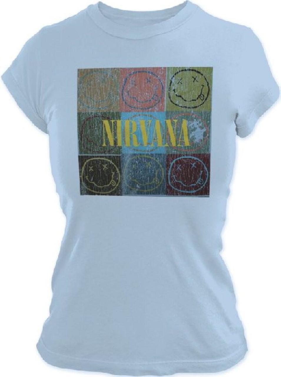 Square with Faces Logo - Nirvana Smiley Face Logo in Colored Boxes Women's Blue T-shirt ...