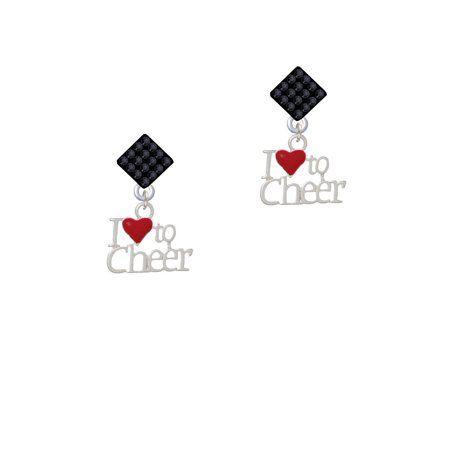 Red and Black Diamond Shape Logo - I Love To Cheer With Red Heart Black Crystal Diamond Shape Earrings