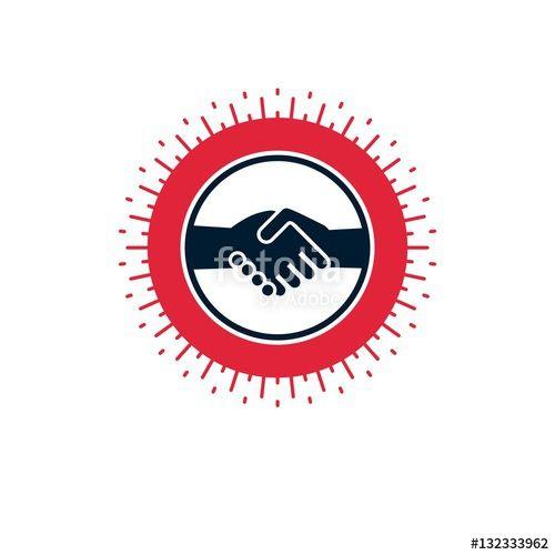 Two Hands On a Red Circle Logo - Handshake two hands business deal and friendship sign, vector icon ...