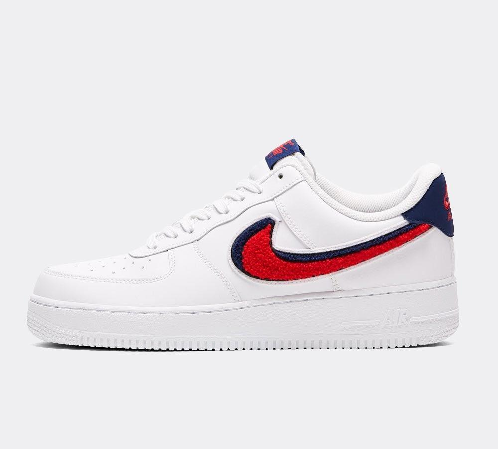 White On Red Nike Logo - Nike Air Force 1 LV8 Trainer. White / Red / Blue