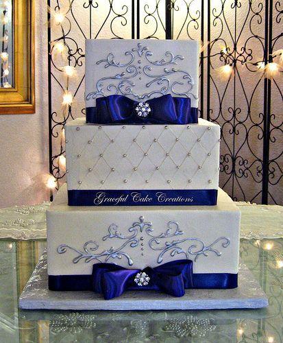 Silver and Blue Square Logo - Elegant Square Wedding Cake with Purple Ribbon and Silver Scrolls