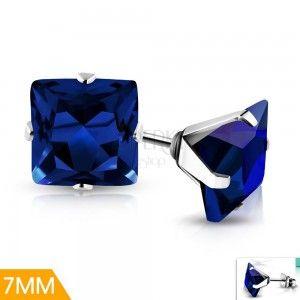 Silver and Blue Square Logo - Steel Earrings In Silver Shade, Dark Blue Square Zircon, 7 Mm