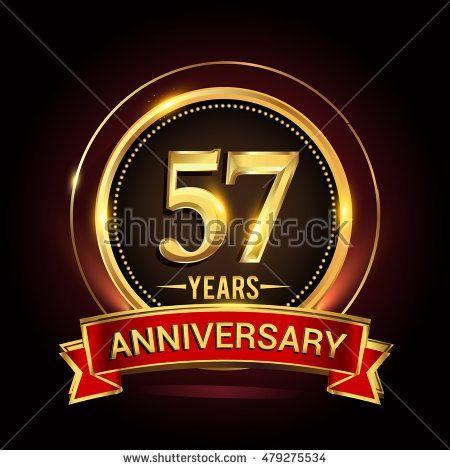 Orange and Red Ribbon Logo - 57th golden anniversary logo with ring and red ribbon. Vector design