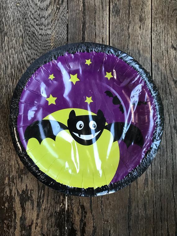 Black Bat Drink Logo - Halloween Black Bat Dessert Plates Purple and Green 30 count