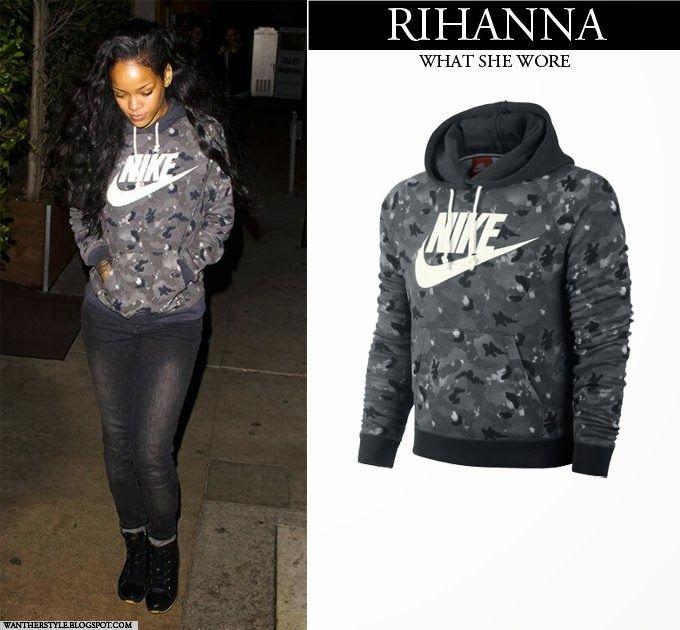 Nike Gray Camo Logo - WHAT SHE WORE: Rihanna in grey camouflage Nike hoodie on December 6 ...