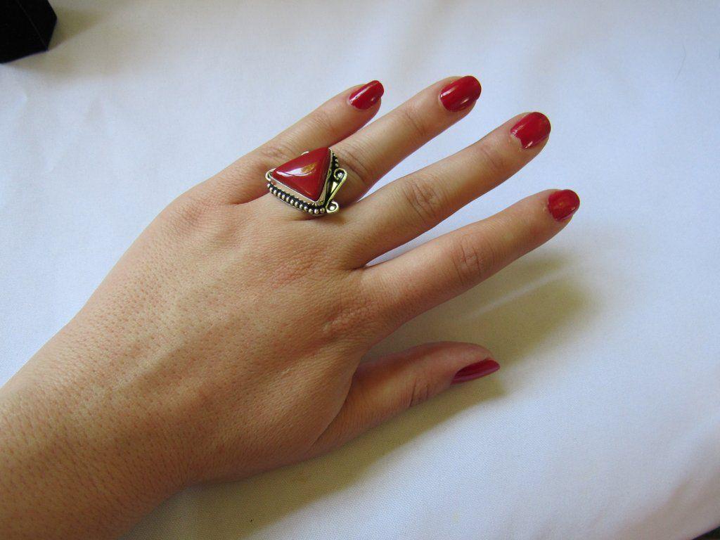 Silver with Red Triangle Logo - Silver Plated Stone Ring - Red Triangle - poshjewelsworldwide